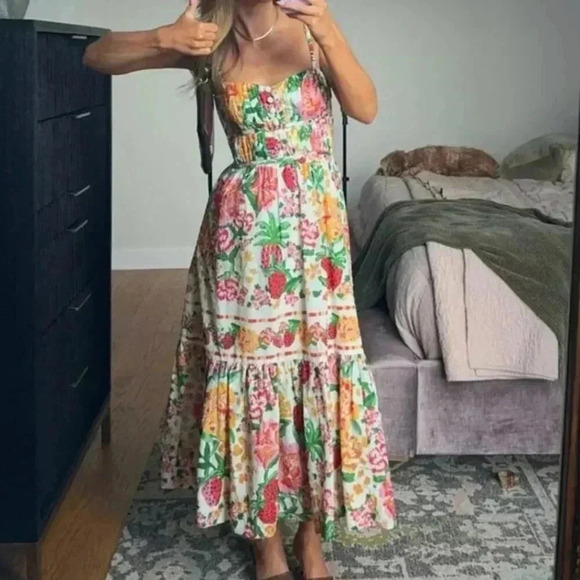 NWT FARM Rio Floral Sketch Tiered Cotton Tropical Backless Strappy Midi Dress L - Picture 3 of 11